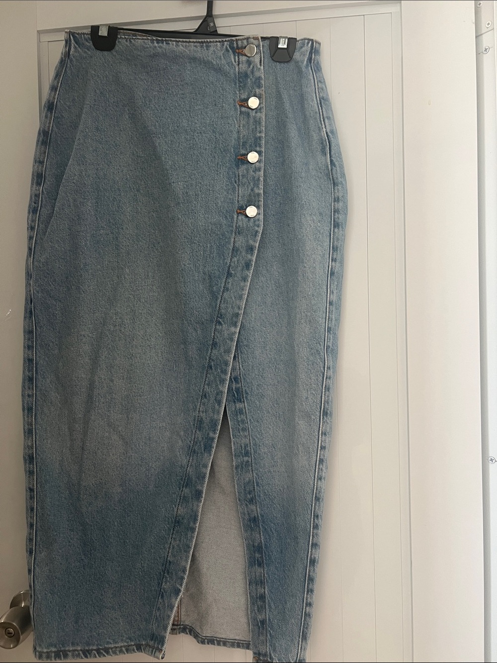 Zara Light Blue Straight Leg Denim Skirt with Asymmetric Button Front